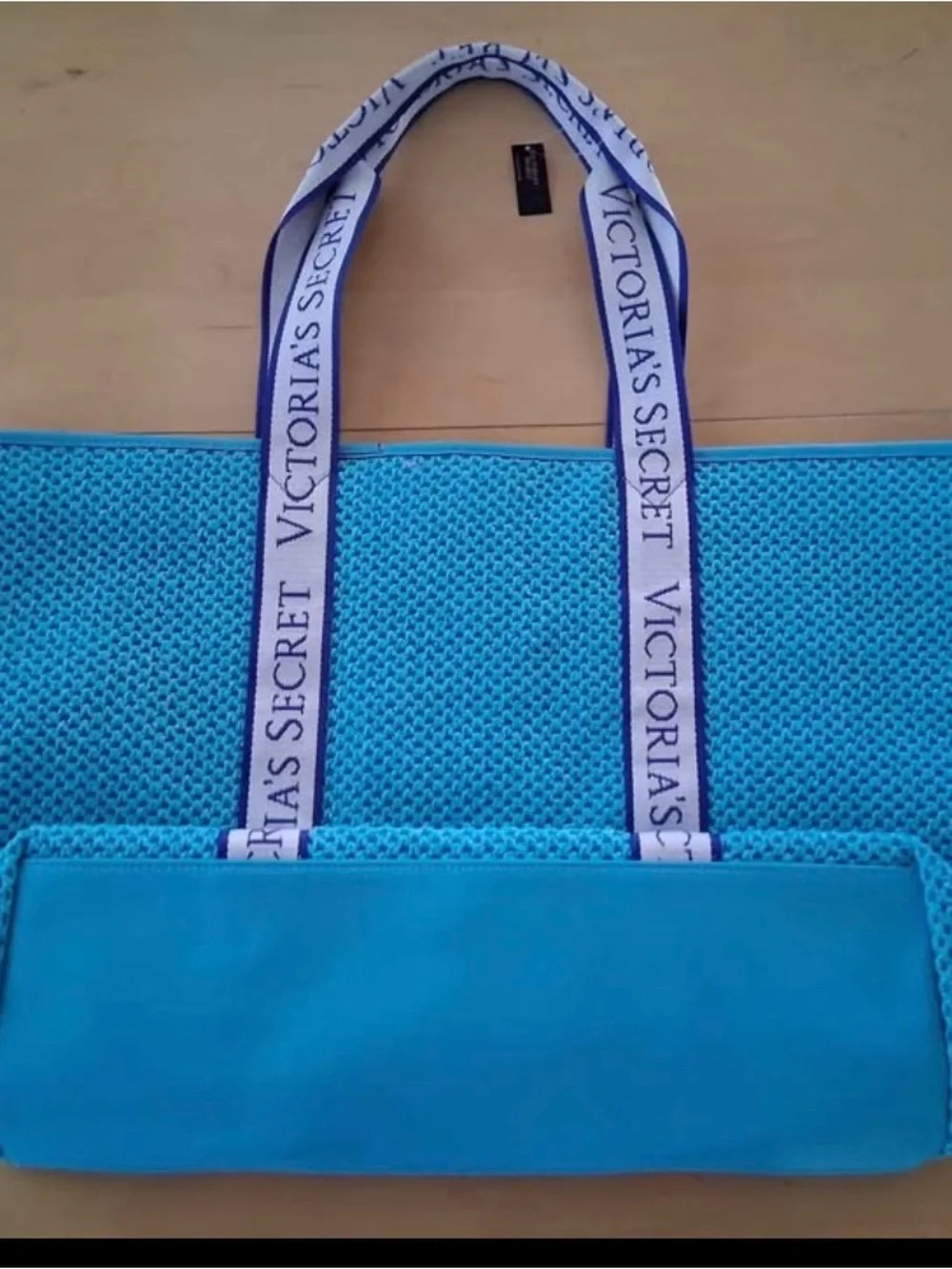 Victoria's Secret Blue Aqua Straw Tote Bag with Branded Straps